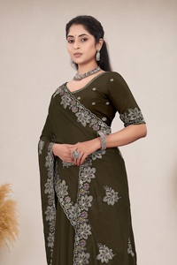 Vexotrend Indian CustomizationDesigner Women's Satin Chiffon <b>Saree</b> Embroidery Swarovski Patola Design Traditional Style Wedding - Product Image 2