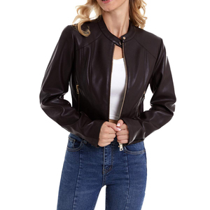 Chaqueta de cuero informal para mujer, con estampado personalizado, talla estándar, cuello alto, transpirable, ropa exterior informal de cuero. - Product Image 6
