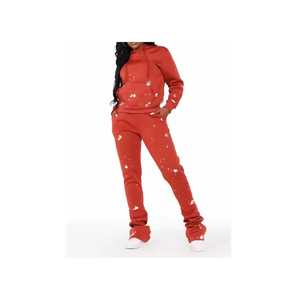 Conjunto de Sudadera con Capucha Roja para Mujer, Conjunto Deportivo de Dos Piezas de Felpa, Corte Holgado, Estampado de Puntos, para Uso Diario - Product Image 5