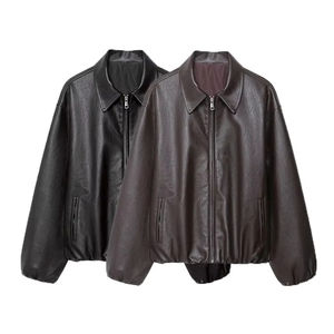 Blouson bomber coupe-vent en cuir véritable crocheté pour femme, manches longues, chic, avec ourlet élastique, haut tendance - Product Image 1