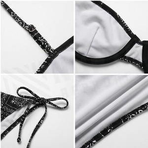 Ensemble bikini 2 pièces imprimé bandana noir pour femme avec bas de maillot string et haut bandeau, maillot de bain extensible - Product Image 4