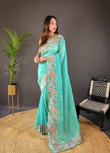 Sari Evergreen Georgate Pur de Haute Qualité, 5 mètres, avec Broderie de Sequins Intégrale, Magnifique Bordure Contrastante, Blouse en Soie Banglori pour Soirée - Product Image 5