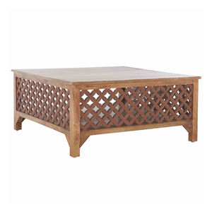 Mesa de Centro de Madera de Mango Sólida con Estante, 36 Pulgadas, Acabado Marrón Rústico, Mesa de Sofá con Tallado Geométrico para Sala de Estar - Product Image 4