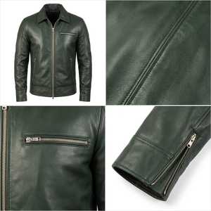 Veste moto en cuir véritable pour homme, vert foncé, col rabattu, fermeture éclair, coupe classique, pour l'automne - Product Image 5