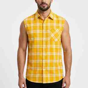 Camisa de Franela a Cuadros sin Mangas para Hombre, Azul y Negro, Cuello Camisero, Transpirable, 100% Algodón, para Otoño - Product Image 1