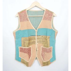 Boho Style Women's Short Vest <b>Kantha</b> <b>jacket</b> handmade Cotton <b>kantha</b> vest <b>Jacket</b> with pockets decorate and v-neckline for women - Product Image 5
