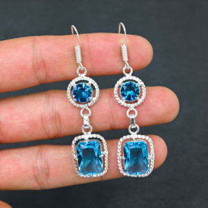 Pendientes Personalizados de Plata de Ley con Bisel Octogonal de Topacio Azul de Londres Creado en Laboratorio, 10x14 mm, Chapados en Plata, 1.90, Regalo para Fiestas - Product Image 2