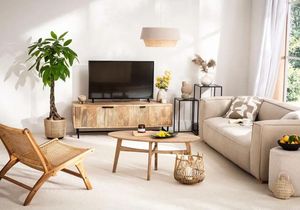 Modern Foldable Solid Mango Wood 3-Door <b>TV</b> <b>Stand</b> with Storage Minimalist Design for Living Room Fits 60-64in <b>TVs</b> - Product Image 2