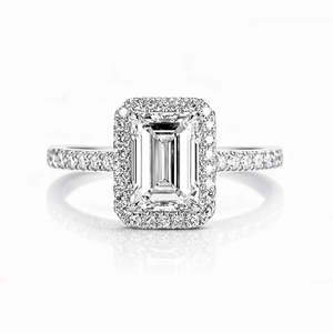 Premium <b>Emerald</b>-Cut Moissanite Halo Engagement <b>Ring</b> 925 Sterling <b>Silver</b> Prong Setting Elegant Bridal Band Rhodium Plated - Product Image 6