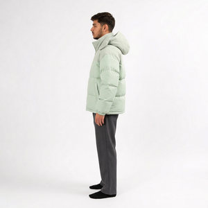 Blouson matelassé à capuche vert clair pour homme, respirant, coupe-vent, décontracté, coupe ample, en polyester, manteau d'hiver avec col montant et fermeture éclair - Product Image 3