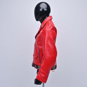 Chaqueta de Moto para Hombre de Cuero Rojo Grabado con Remaches, Cuello Vuelto, Cierre de Cremallera, Ajuste Delgado, Estilo Otoñal, Diseño Personalizado - Product Image 4