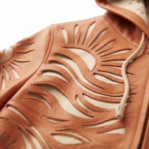 Men's Orange Embossed Sun Pattern Hooded Bomber <b>Jacket</b> Casual Autumn Zipper Closure Regular Fit PU Material - Product Image 4
