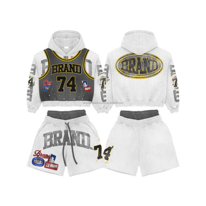 2026 Custom Puff Print Logo Women Two Piece Hoodie <b>Set</b> Cut <b>Sew</b> Cotton Joggers Sun Faded Cropped Hoodie and Short <b>Set</b> - Product Image 2