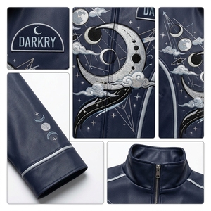 Streetwear <b>Real</b> <b>Leather</b> Bomber <b>Jacket</b> With Moon Embroidery Streetwear Style Autumn Zipper Closure Stand Collar - Product Image 6