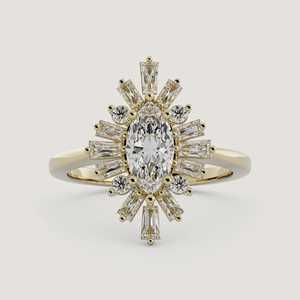 Anillo de compromiso de oro de 14k con diamante marquesa cultivado en laboratorio IGI al por mayor, anillo de boda con halo de brillo redondo tipo baguette, fabricación. - Product Image 1