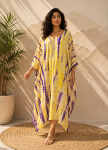 Vestido Maxi Amarillo y Morado con Estampado Tie-Dye, 100% Algodón, Cuello en V, Estilo Bohemio, Largo hasta el Suelo, para Mujer, Ideal para Fiestas, Corte Moderno - Product Image 6
