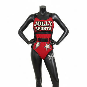 Ensemble de maillot de bain en polyester et élasthanne de haute qualité, rouge et noir, avec empiècements en mesh contrastant, logo brodé personnalisé, pour femme. - Product Image 5