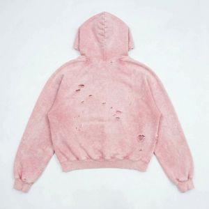 <b>Pink</b> Oversized Crop <b>Hoodie</b> Tie-Dye Cotton French Terry Unisex Pullover With Pocket And Distressed Details Autumn Style - Product Image 4