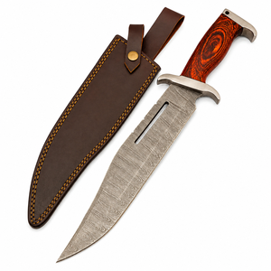 Cuchillo de Caza de Acero de Damasco con Hoja Serrada Tipo Drop Point, Mango de Madera y Funda de Cuero, Cuchillo de Supervivencia para Exteriores, DIY OEM/ODM - Product Image 1