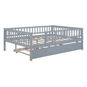 Letto a giorno in legno grigio a grandezza naturale per bambini con letto estraibile e sponde di sicurezza - Product Image 4