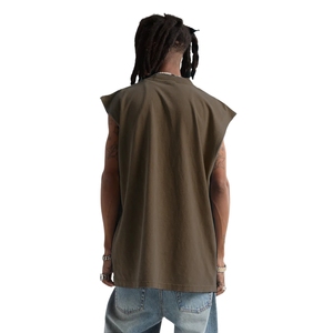 Camiseta sin mangas marrón personalizada de algodón grueso, estilo oversize con hombros caídos, vintage, lisa, casual para hombre - Product Image 4