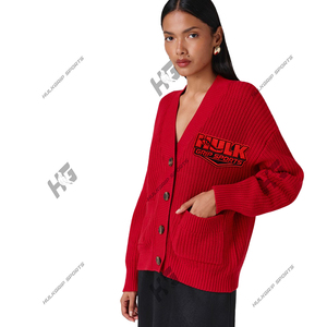 Premium Women's Crew Neck Ribbed Knit <b>Cardigan</b> <b>Sweater</b> Cherry Red Button-Up Winter Casual Soft Hand Feel Custom-Weight Fabric - Product Image 4