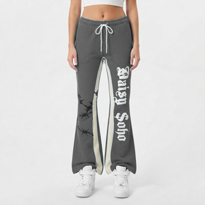 Pantalon de survêtement évasé en satin pour femme, style streetwear décontracté, design ajouré, couleurs et logo personnalisables, taille haute, prix de gros - Product Image 1