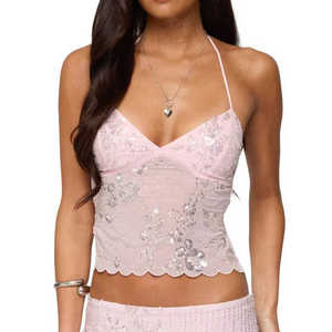 Haut court d'été pour femme, brodé floral, sans manches, orné de perles, dos ouvert, style licou - Product Image 1