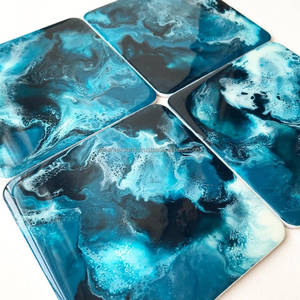 Ensemble de sous-verres 4 pièces fait à la main superbe motif de vague bleue inspiration océanique résine époxy décor tapis/tampon classique nouveau service à café à manger - Product Image 6