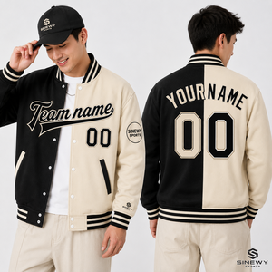 Chaqueta Varsity SINEWY SPORTS para Hombre, Negra y Crema, Dos Tonos, Nombre y Número Personalizados, Estilo Preppy, Cierre de Botones, para Otoño - Product Image 4