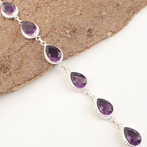 Pulsera de tenis de latón chapado en plata de ley 925, hecha a mano, con amatista natural facetada en forma de pera, joyería de moda. - Product Image 3