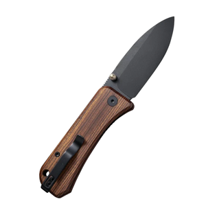 Couteau de poche pliant à manche en bois grainé marron avec lame noire mate et clip métallique, ouverture manuelle compacte pour usage quotidien - Product Image 2