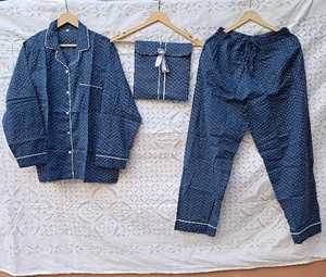 Handmade Cotton Polka Dot Womens Pajama Set 3 Piece Long Sleeve Button <b>Down</b> Top <b>Pants</b> Pouch Soft Breathable Navy Blue Sleepwear - Product Image 2
