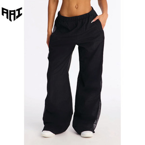 Womens Wide Leg Mesh Panel Track Pants High Waist Casual Streetwear Drawstring Black Pants men's pants - Product Image 1