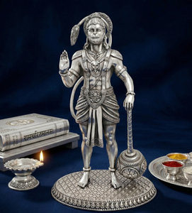 Idole de Hanuman en argent oxydé plaqué argent 999 de Jaipur Metals |   Statue religieuse gravée en laiton 100% |   6x4x8cm |   65g |   Décoration d'intérieur Pooja - Product Image 1