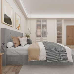 Letto matrimoniale moderno con testiera a schienale alto, contenitore sollevabile e porte USB - Elegante letto imbottito - Product Image 2