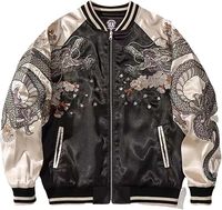 Blouson Bomber Unisexe Hiver Style Chinois Broderie Dragon Noir avec Fermeture Éclair en Satin Coupe Droite