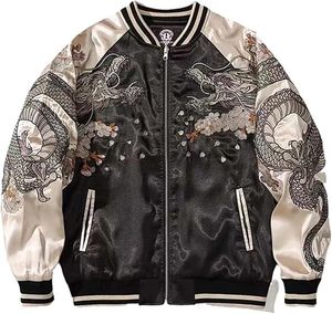 เสื้อแจ็คเก็ตบอมเบอร์ปักลายมังกรสไตล์จีนสำหรับผู้ชาย สีดำและครีม ผ้าซาติน ซิปด้านหน้า ทรงปกติ - Product Image 2