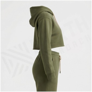 Women Olive Green Hooded Cropped Sweatshirt & <b>Matching</b> <b>Jogger</b> Pants <b>Set</b> Casual Tracksuit Full Sleeve Solid Color Drawstring - Product Image 4