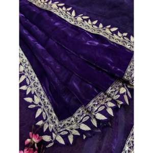 Designer <b>Purple</b> Evening <b>Saree</b> with Sequins Embroidery Work Lace Border 100% Polyester Embroidered Organza Fabric - Product Image 5