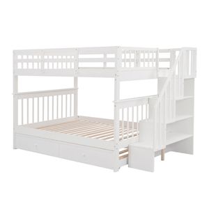 Lit superposé double avec lit gigogne simple et garde-corps de rangement, blanc, pour chambre à coucher, escalier de dortoir, ancien SKU LT000210AAK - Product Image 6