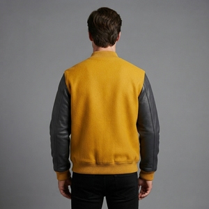 Men's Mustard Yellow Wool <b>Jacket</b> Black Leather Sleeves Custom Logo Rib Knit Collar Cuffs Snap Front Premium Streetwear Outerwear - Product Image 2