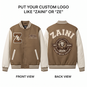 เสื้อแจ็คเก็ตวาร์ซิตี้ ZAINI สำหรับผู้ชาย ผ้าวูลผสมหนา 400 GSM กันลม สไตล์ไฮสตรีท สีน้ำตาล แต่งแผงสีตัดกัน พร้อมป้ายเชนีลแบบกำหนดเอง - Product Image 1