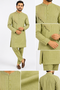 Custom <b>Mens</b> Olive <b>Kurta</b> Pajama Set Mandarin Collar Casual Festive Ethnic Suit Indian Haldi Mehendi Wear <b>Mens</b> Manufacturer - Product Image 6