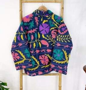 เสื้อแจ็คเก็ตปักลายซูซานีสีกรมท่า งานปักด้ายลายพฤกษศาสตร์สีสันสดใส เสื้อโค้ทแฮนด์เมดสไตล์โบฮีเมียนสุดหรูสำหรับผู้หญิง - Product Image 5