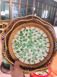 Mosaic Rattan Serving Tray with Mother Pearl Inlay Round Wicker Tray for Dinning <b>Table</b> Natural Boho <b>Table</b> Decor, Rustic Gift - Product Image 5