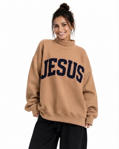 Sweat-shirt oversize à col montant pour femme, en mélange coton/polyester, manches longues, épaules tombantes, léger - Product Image 1