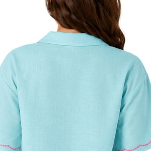 Blusa de algodón azul acuamarina con bordado floral para mujer, de manga corta, con botones, informal, de verano, con cuello, personalizada, a la moda, OEM - Product Image 6