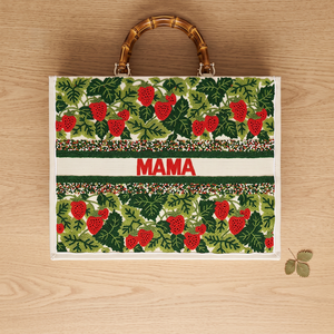 Mama <b>Canvas</b> Summer Tote <b>Bag</b> with Strawberry Pattern Bamboo Handle Open Closure <b>Large</b> Capacity Fashion Women's Shopping <b>Bag</b> - Product Image 2