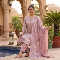 Ensemble Kurti, pantalon et dupatta en coton rose imprimé pour femmes, motif géométrique Ikat, manches trois quarts, tenue ethnique traditionnelle